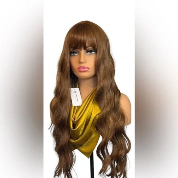 WIG 30” Long Curly Chestnut Wig with bangs natural look. for daily use - Picture 2 of 8